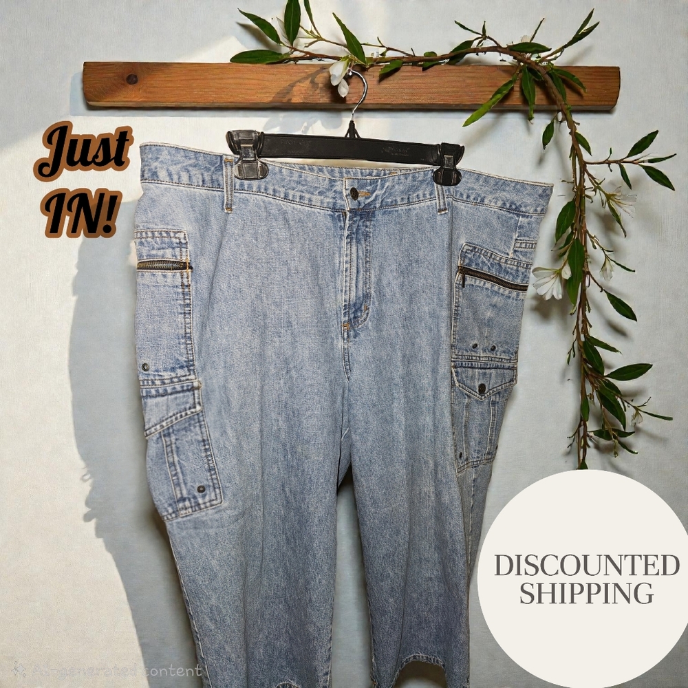 Faded Glory Women's Light Blue Denim Cargo Jeans 22W 100% Cotton Cropped/Petite